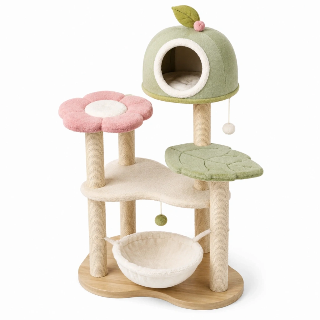 Albero tiragraffi per gatti 60 x 45 x 120 cm in sisal e peluche verde rosa - con cuccia e amaca