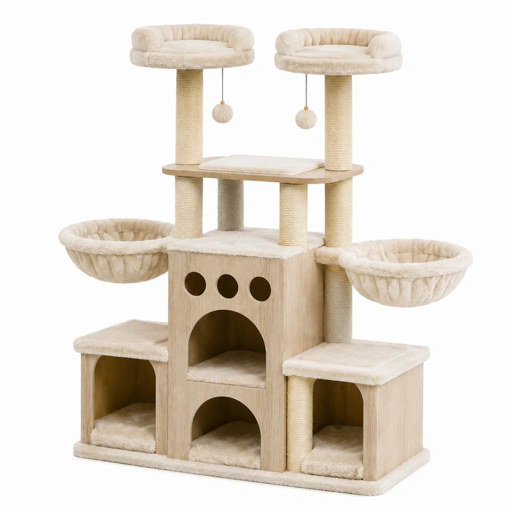 Albero tiragraffi per gatti 105 x 60 x 160 cm in legno beige con cuccette e pali in sisal