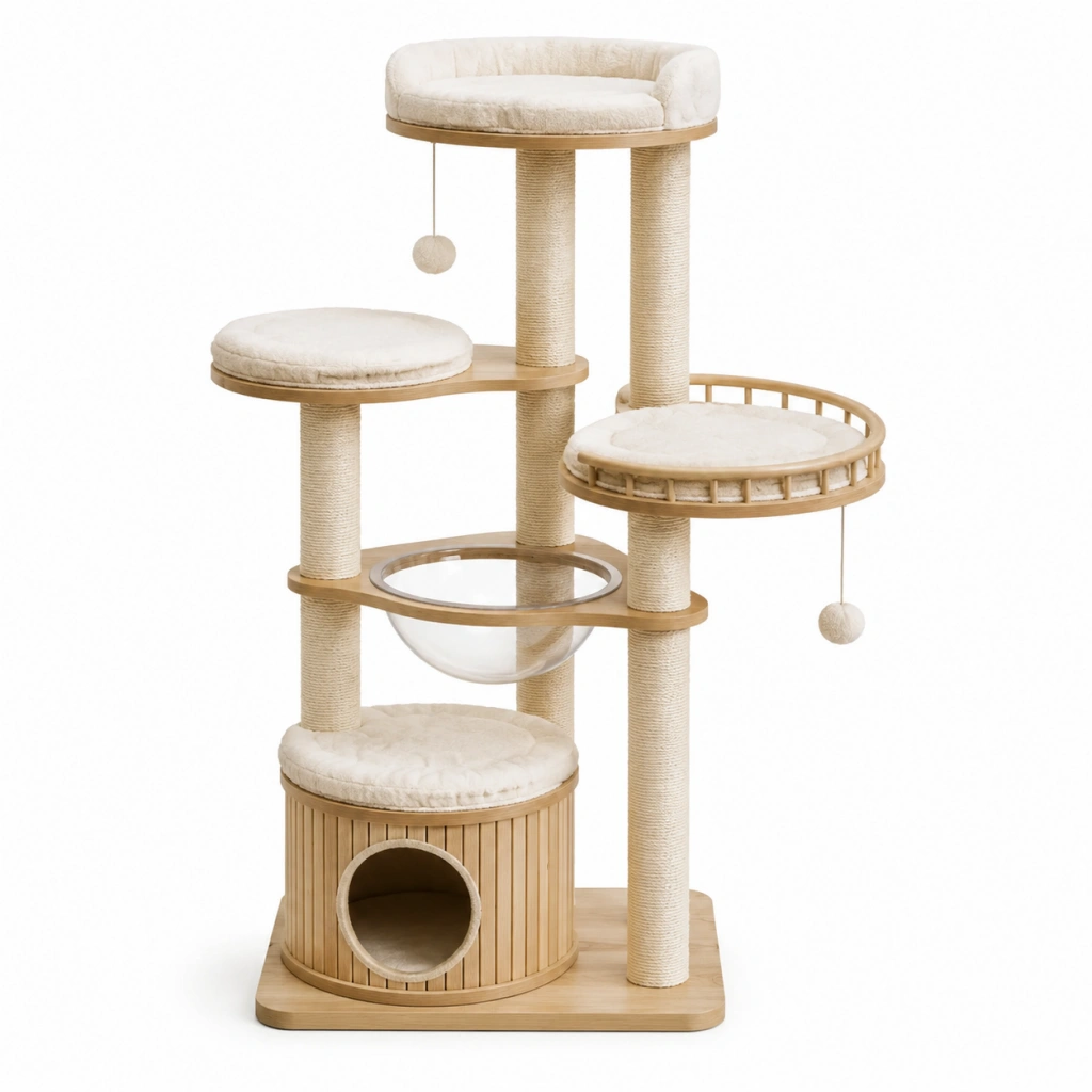 Tiragraffi per gatti 60 x 50 x 145 cm in legno beige con sisal cuccia e piattaforme