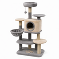 Tiragraffi per gatti 50 x 50 x 145 cm in peluche grigio/beige con cuccia amaca e pali in sisal