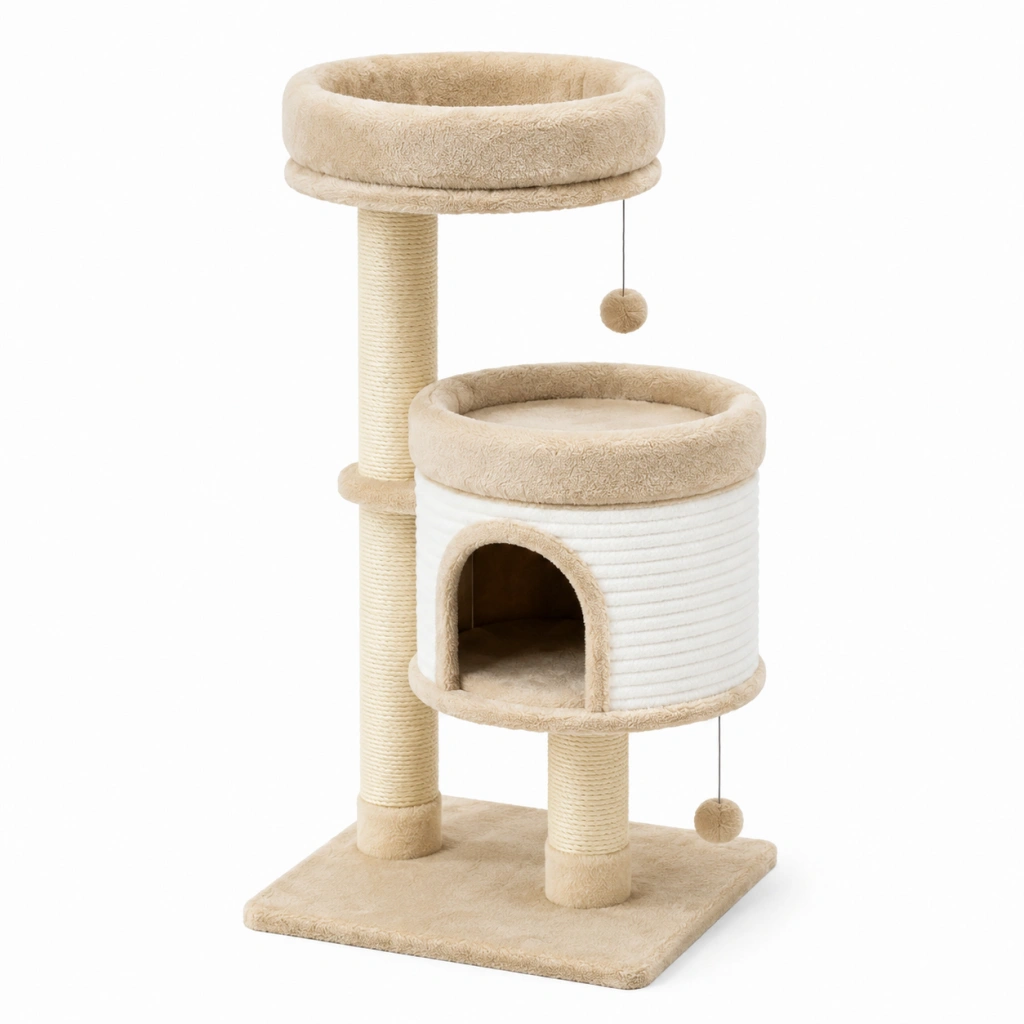 Albero tiragraffi per gatti 50 x 50 x 110 cm beige in sisal e peluche con cuccia e piattaforme