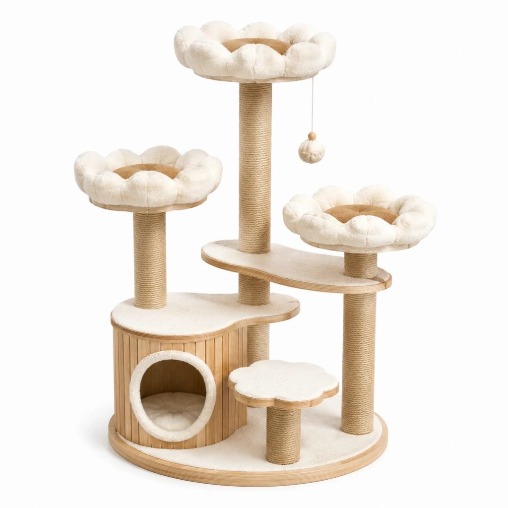Albero tiragraffi per gatti 60 x 50 x 125 cm in sisal beige con cucce e piattaforme multilivello