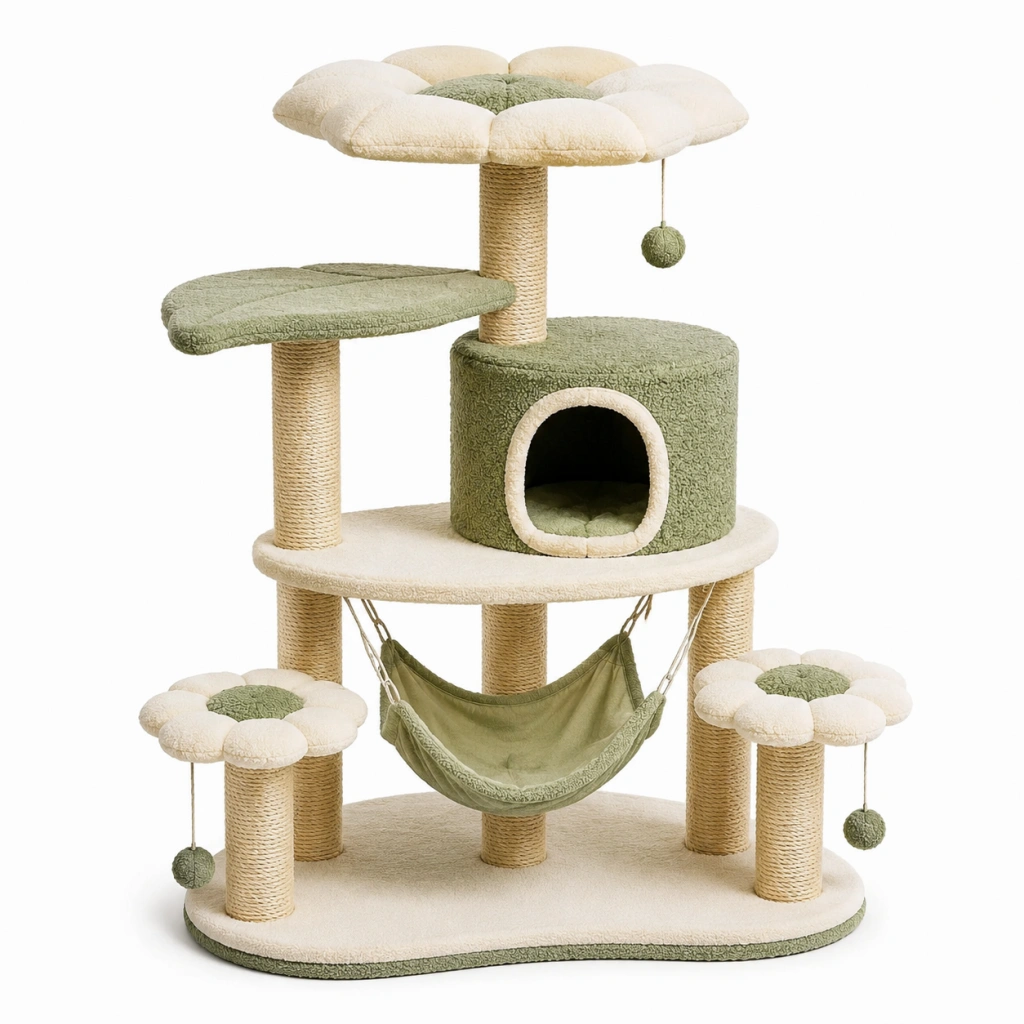 Albero tiragraffi per gatti 60 x 50 x 120 cm in sisal e tessuto verde crema - con cuccia amaca e giochi