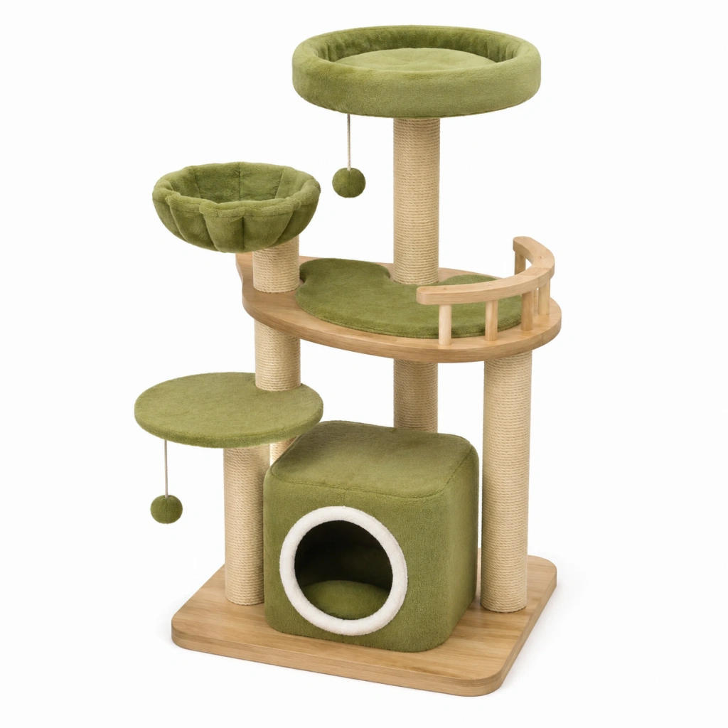 Tiragraffi per gatti 60 x 50 x 135 cm in legno e sisal verde - torre con cuccia e piattaforme