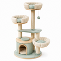 Tiragraffi per gatti 60 x 145 cm in sisal legno e peluche verde salvia con cuccia e pallina sospesa
