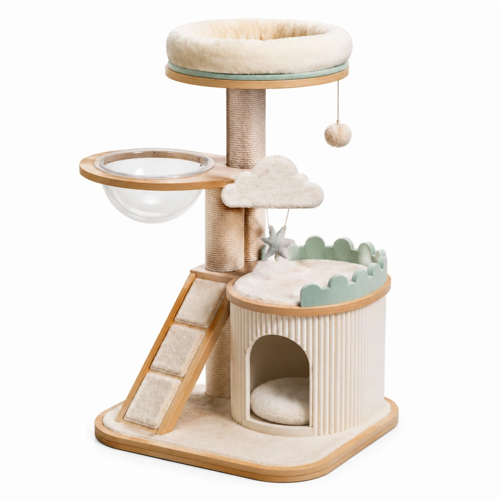 Albero tiragraffi per gatti 60 x 50 x 120 cm in legno beige e verde con cuccia e piattaforme