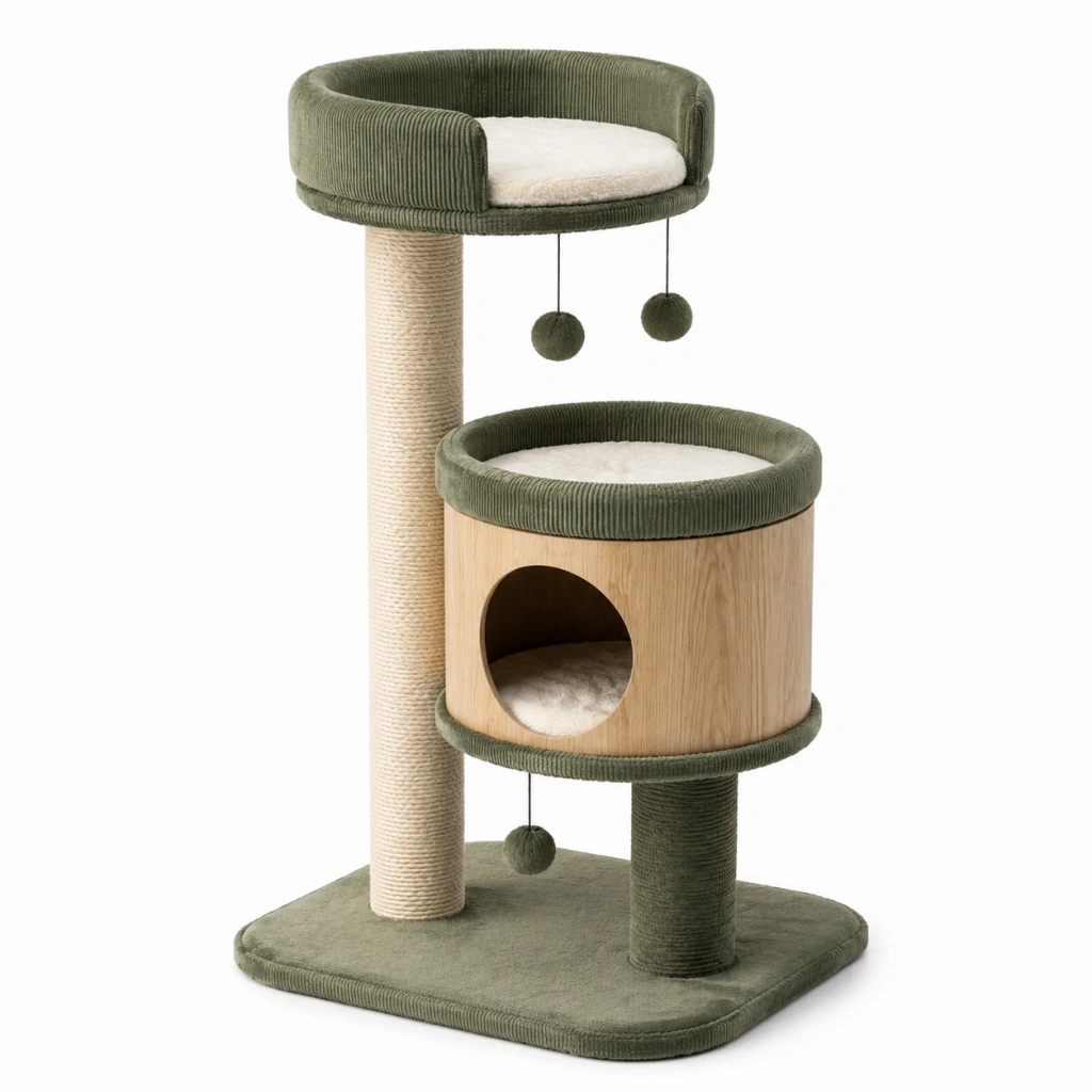Albero tiragraffi per gatti 50 x 50 x 120 cm in sisal e legno verde con cuccia e piattaforme