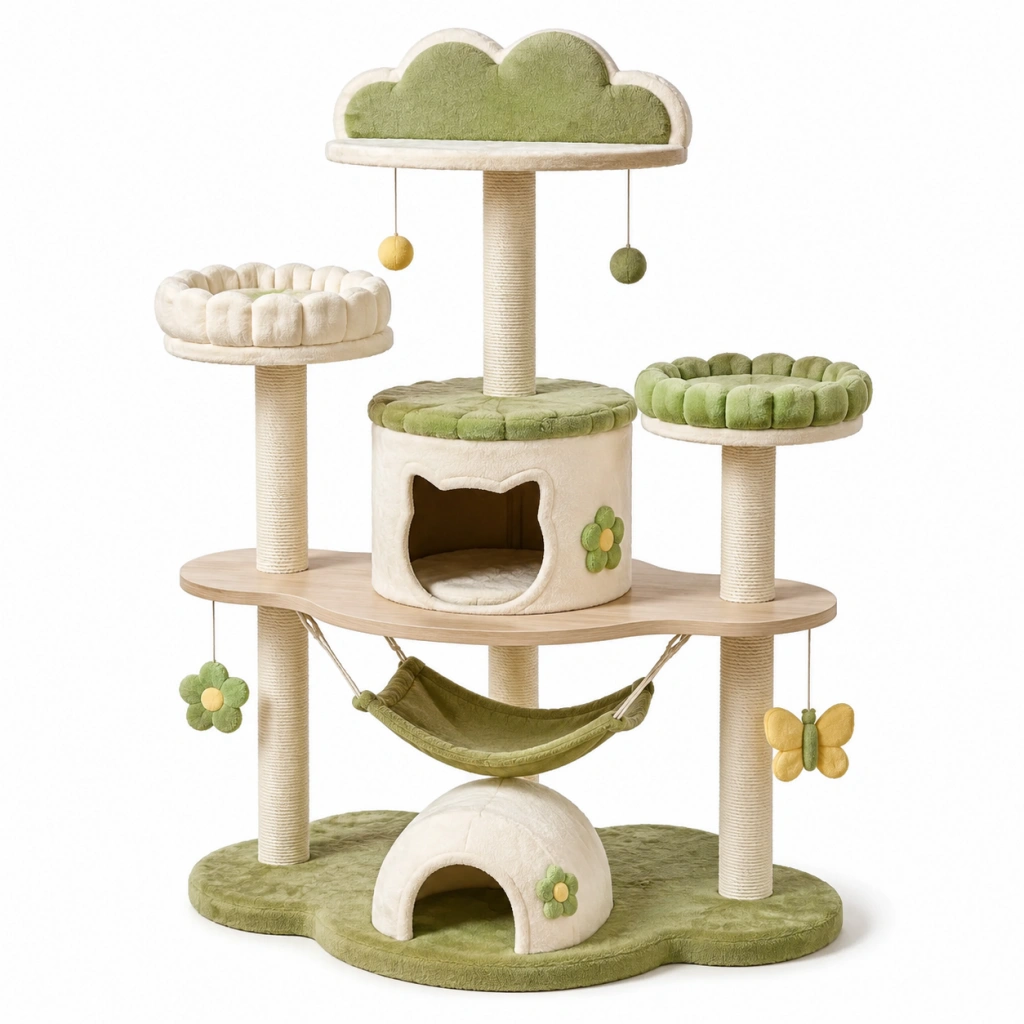 Albero tiragraffi per gatti 80 x 50 x 150 cm in sisal e tessuto verde crema con cuccia amaca e piattaforme