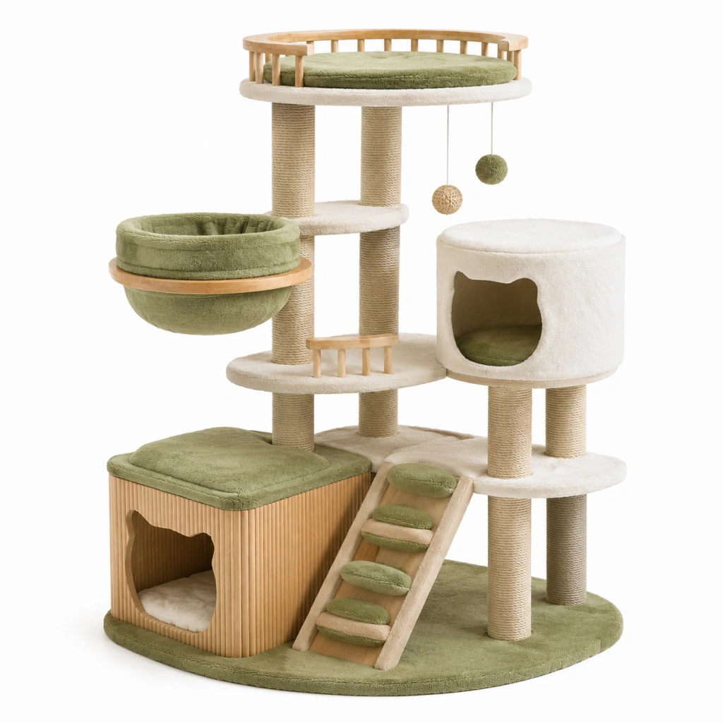 Tiragraffi per gatti 80 x 60 x 145 cm in legno sisal e peluche verde beige con cucce e piattaforme
