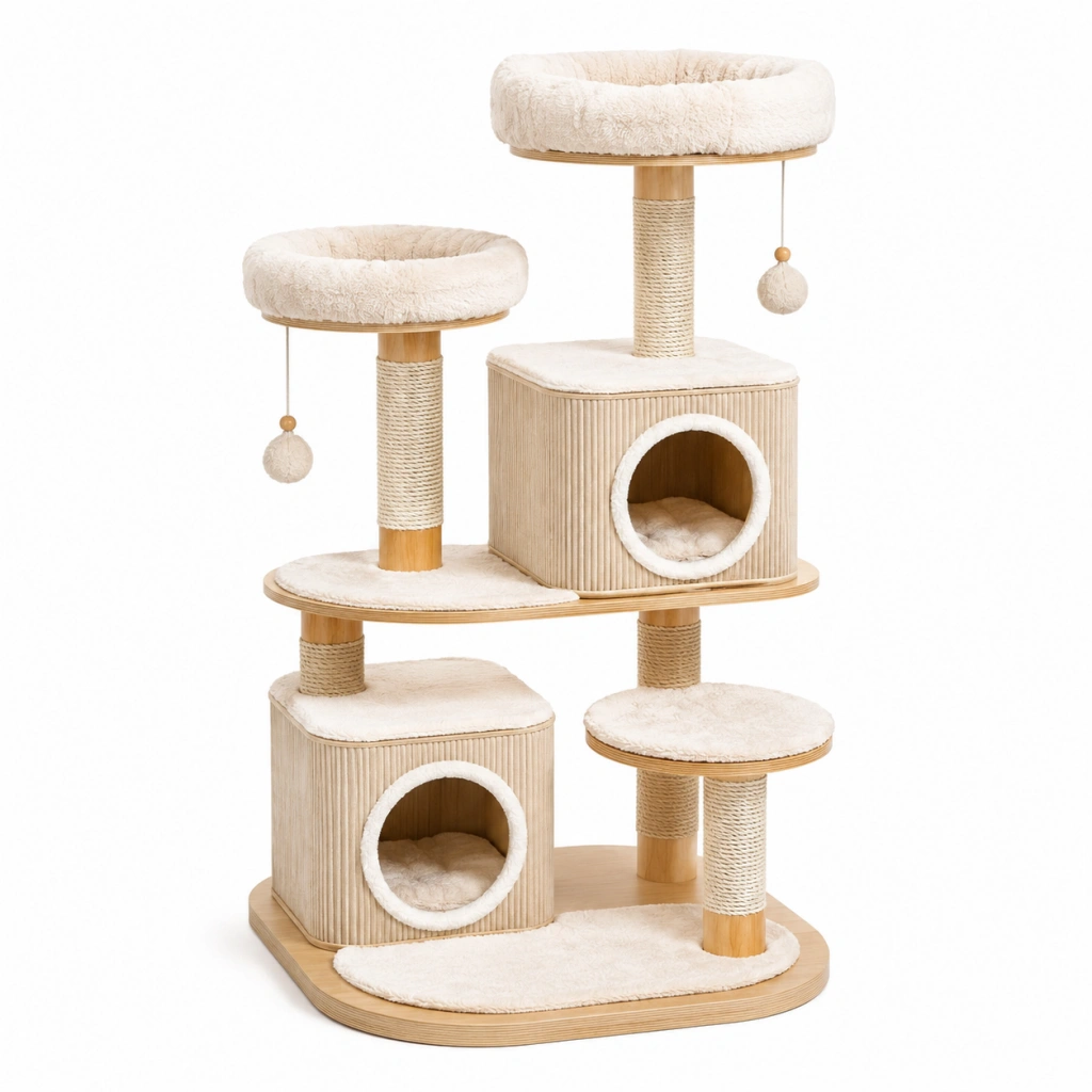 Tiragraffi per gatti 60 x 50 x 120 cm in legno beige con sisal e rivestimento morbido