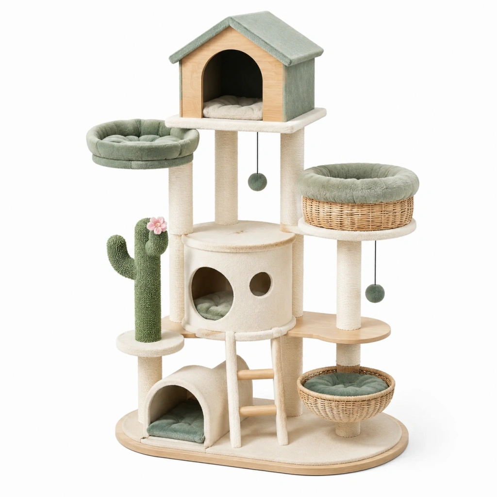Tiragraffi per gatti 100 x 60 x 120 cm verde e beige con casette piattaforme e tiragraffi in sisal