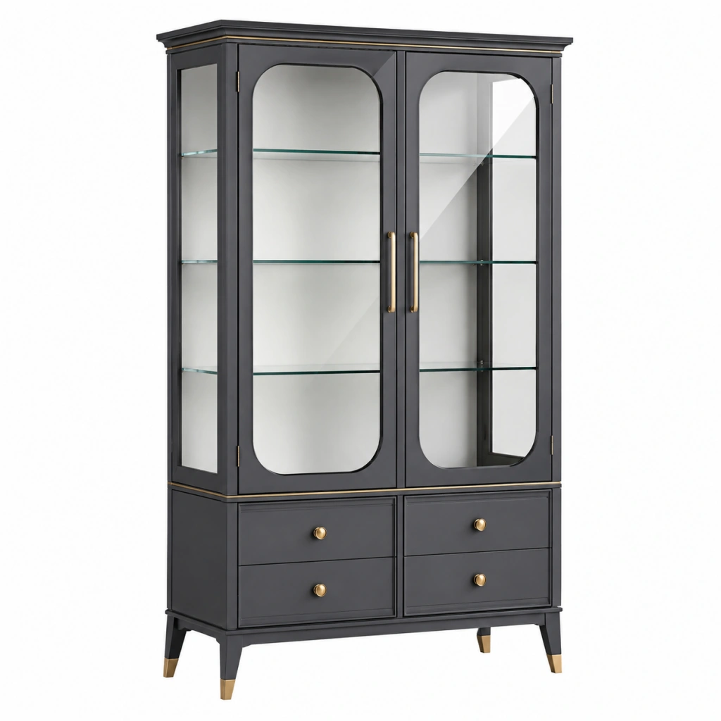 Vetrina 100 x 40 x 190 cm in legno nero con vetro - stile classico con cassetti