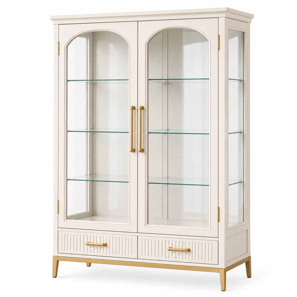 Vetrina 100 x 40 x 180 cm in legno bianco con vetro - stile classico con 2 ante e cassetti