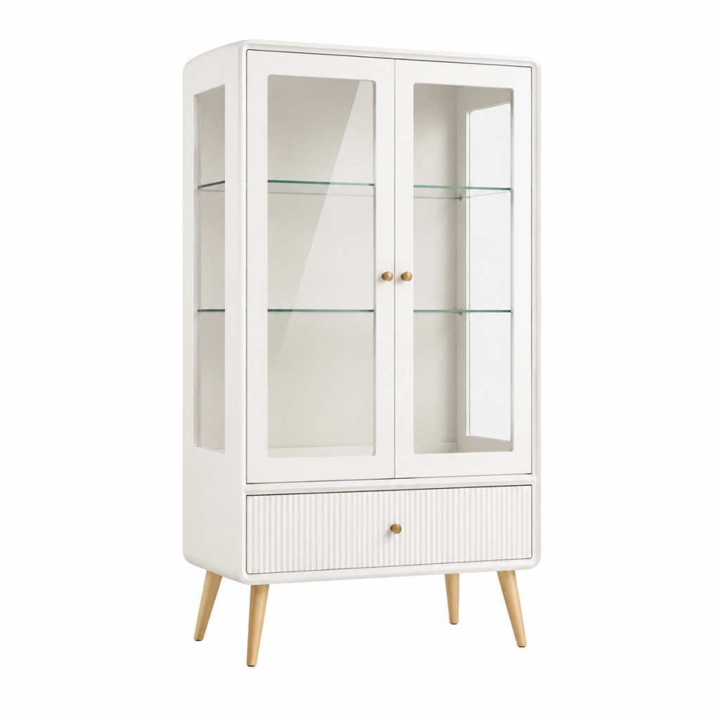Vetrina 80 x 40 x 160 cm in legno bianco con ante in vetro e cassetto stile nordico