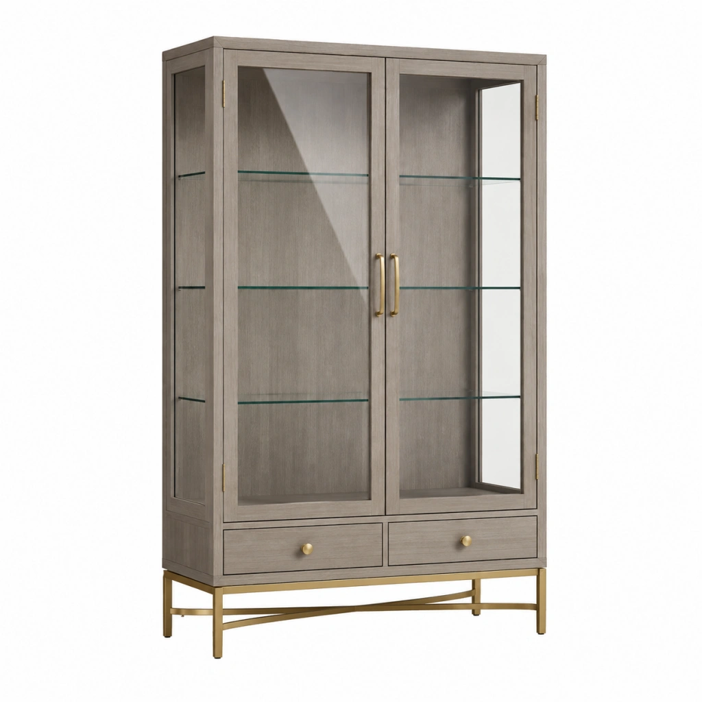 Vetrina 100 x 45 x 190 cm in legno grigio con vetro e cassetti - stile contemporaneo