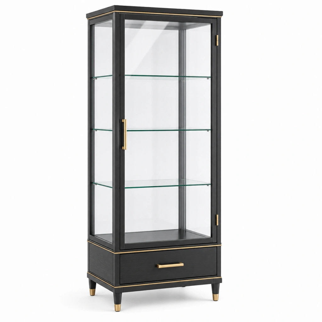 Vetrina 80 x 40 x 180 cm in legno e vetro nero con dettagli dorati e cassetto