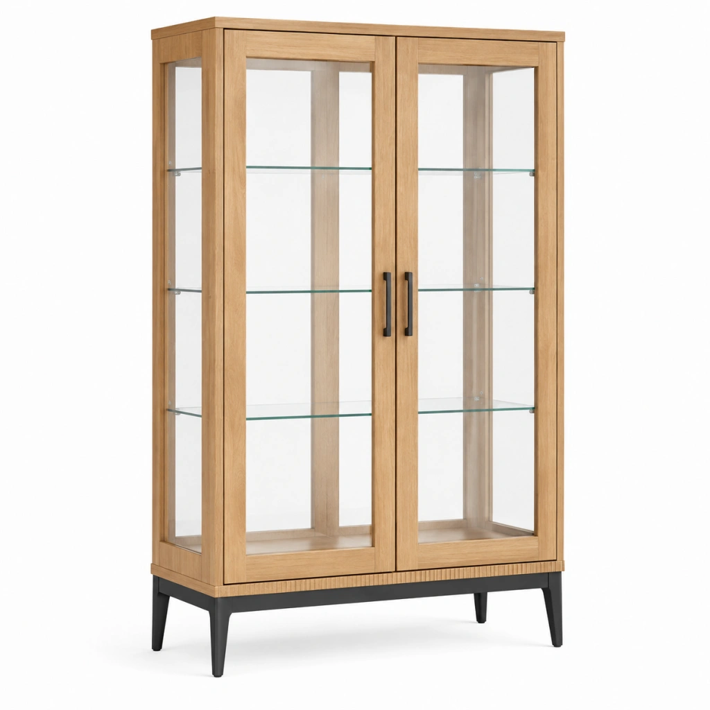 Vetrina 90 x 40 x 180 cm in legno e vetro marrone naturale con ante per esposizione stile moderno